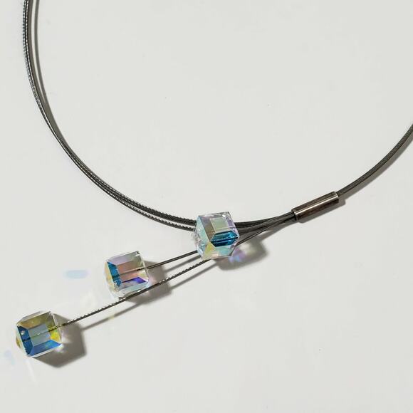 Aurora Borealis Cube Bead Floating Cable Necklace Sterling Silver Clasp - Picture 5 of 7